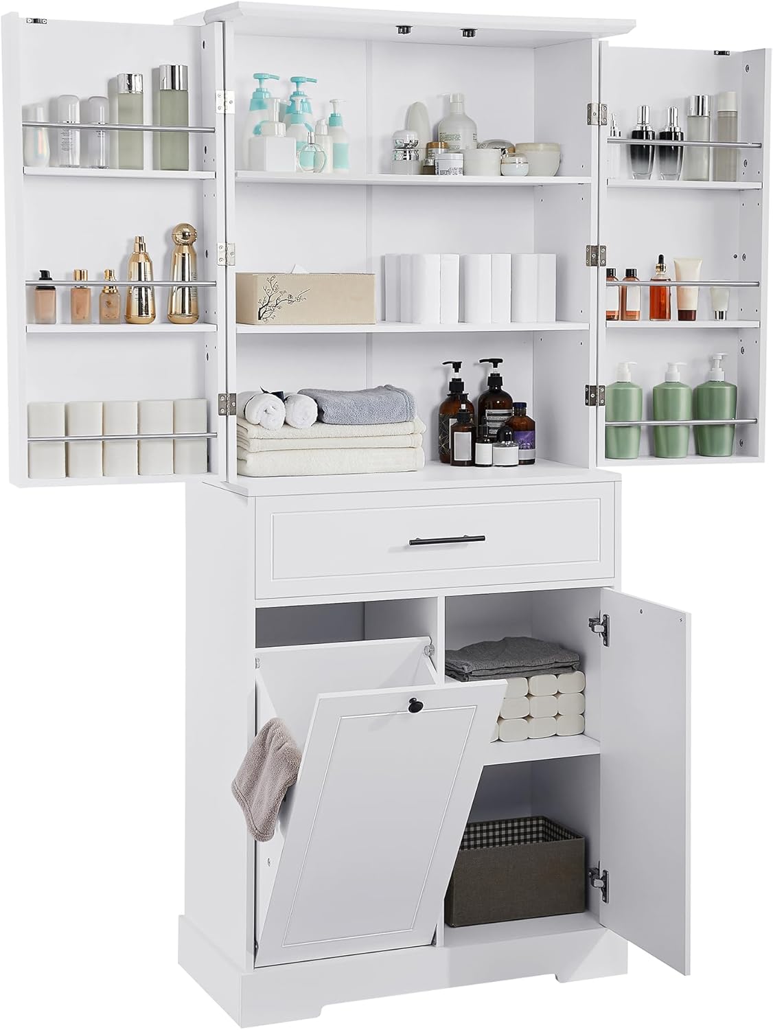 Tall Storage Cabinet Pantry Cupboard with Laundry Hamper and Door Rack Organizer for Bathroom, Kitchen or Enterway, Adjusatble Shelf, White