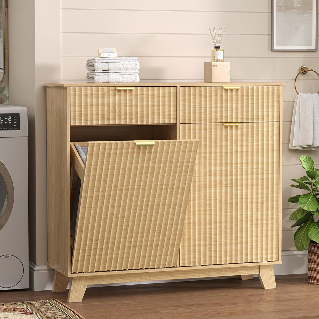 Wodeer Double Tilt Out Laundry Hamper Cabinet with 2 Drawers & Baskets, 20 Gallon Fluted Hidden Trash Can Cabinet, Farmhouse Wood Laundry Storage Cabinets for Bathroom, Kitchen, Natural