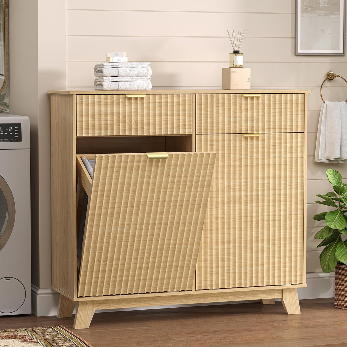 Wodeer Double Tilt Out Laundry Hamper Cabinet with 2 Drawers & Baskets, 20 Gallon Fluted Hidden Trash Can Cabinet, Farmhouse Wood Laundry Storage Cabinets for Bathroom, Kitchen, Natural