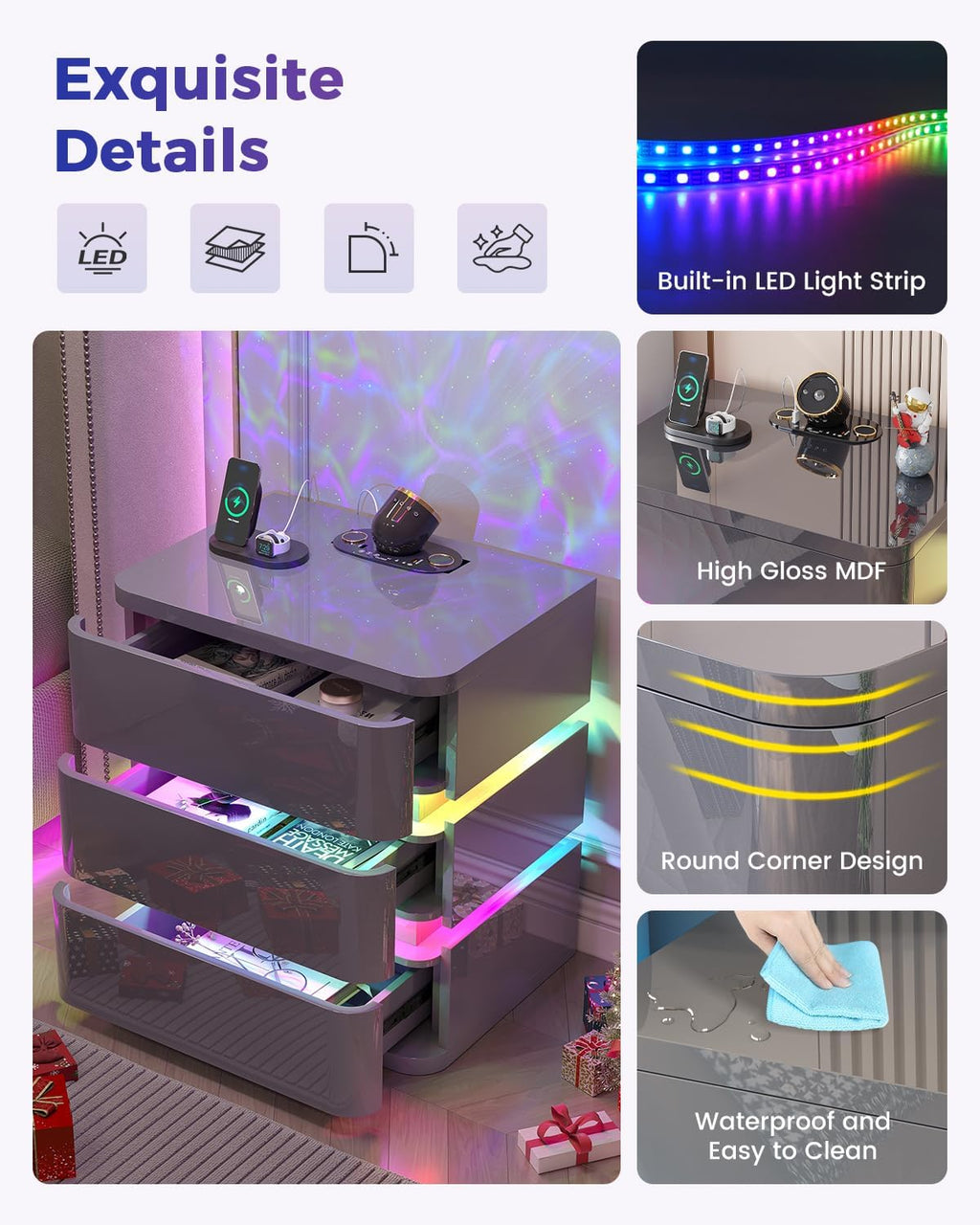Dystler Night Stand with Charging Station and RGB Lights, Fully Assembled LED Nightstand with Galaxy Projector, 3 Drawers Bedside Table with Hidden Storage for Bedroom (Gray)