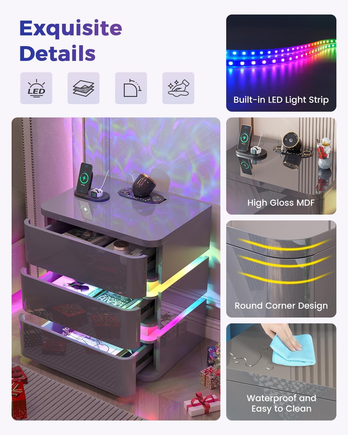 Dystler Night Stand with Charging Station and RGB Lights, Fully Assembled LED Nightstand with Galaxy Projector, 3 Drawers Bedside Table with Hidden Storage for Bedroom (Gray)