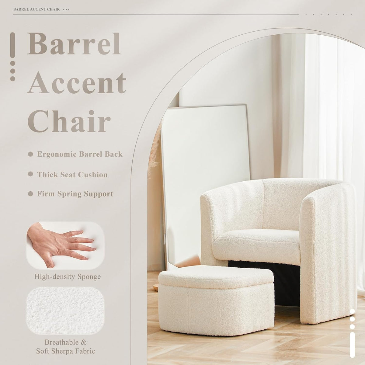 COLAMY Morden Velvet Barrel Accent Chair with Storage Ottoman Set of 2, Upholstered Living Room Side Chair, Single Sofa Armchair with Lounge Seat for Bedroom/Office/Reading Spaces, Cream