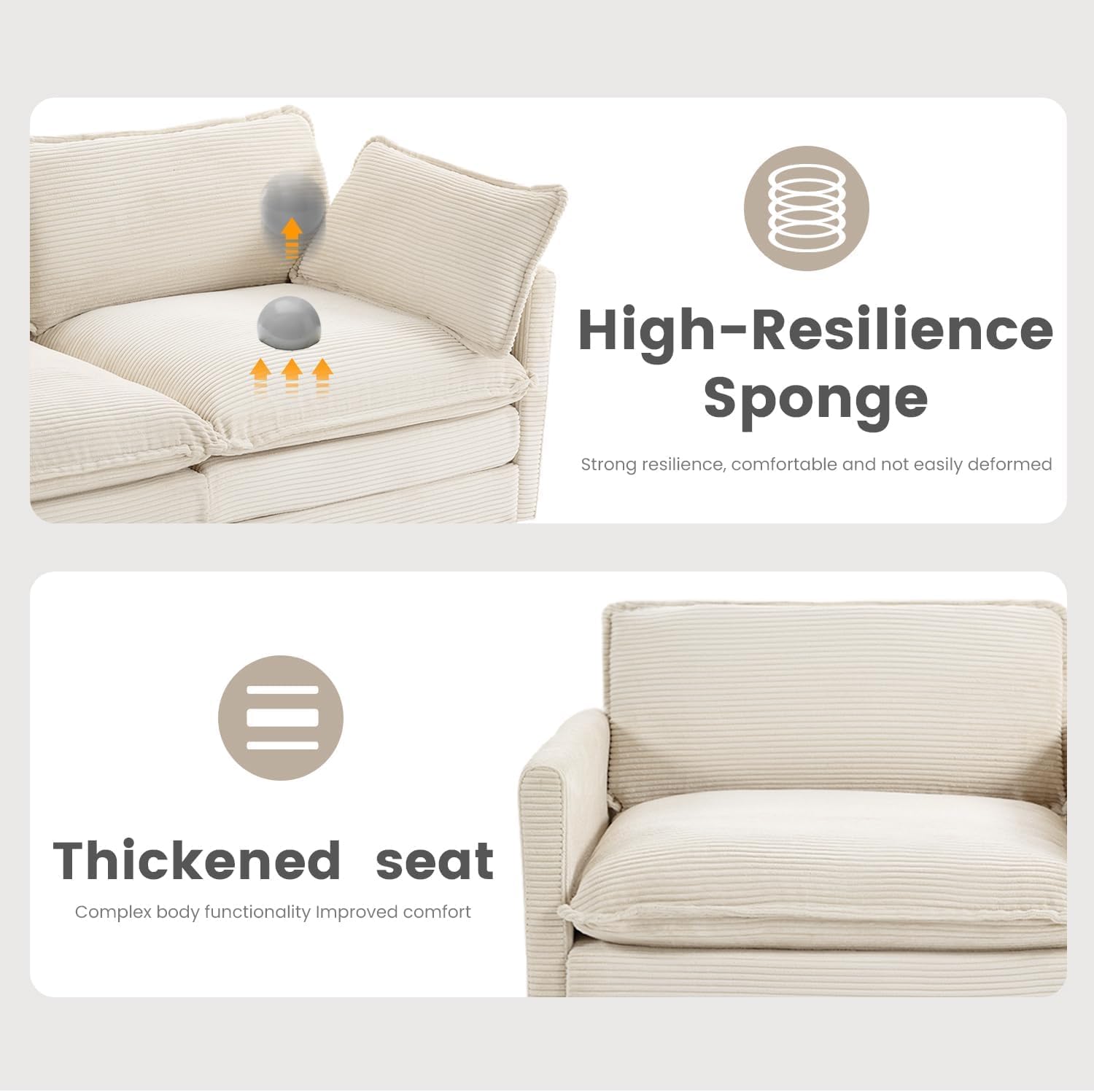 112'' Sectional Modular Cloud Couch, Oversized 5 Seat Couches U Shaped Sofa with 2 Movable Ottomans, 2 Throw Pillows, Upholstered Corduroy U Shape Comfy Deep Couches for Living Room and Office, Beige