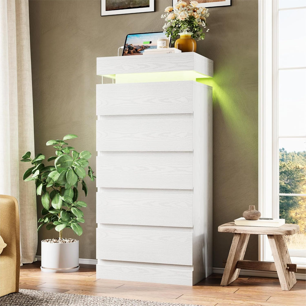 LIKIMIO 54" Tall 5 Drawer Dresser for Bedroom, White Dresser with LED Light and Power Outlet, Wooden Modern Chest of Drawers for Living Room, Entryway, Hallway