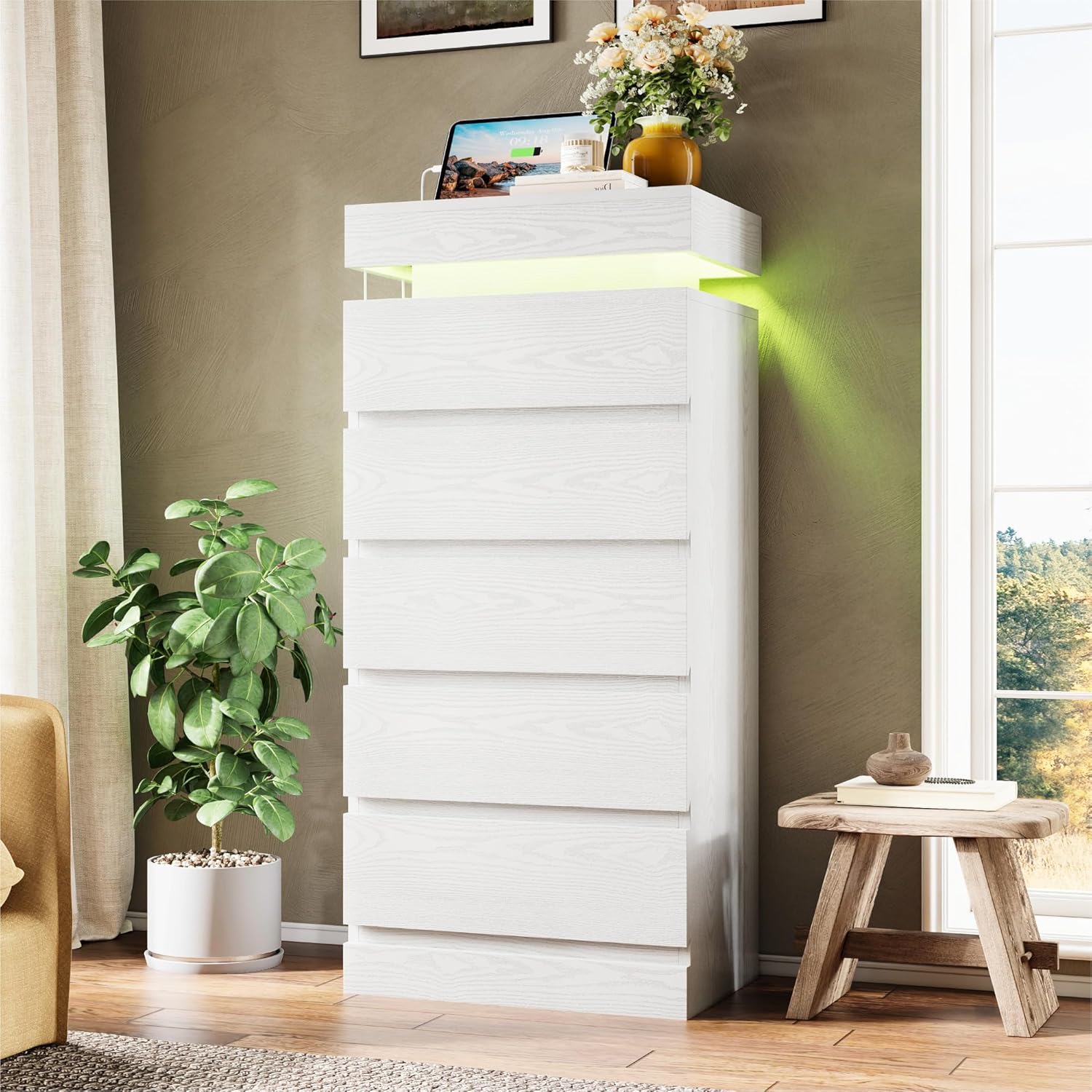 LIKIMIO 54" Tall 5 Drawer Dresser for Bedroom, White Dresser with LED Light and Power Outlet, Wooden Modern Chest of Drawers for Living Room, Entryway, Hallway