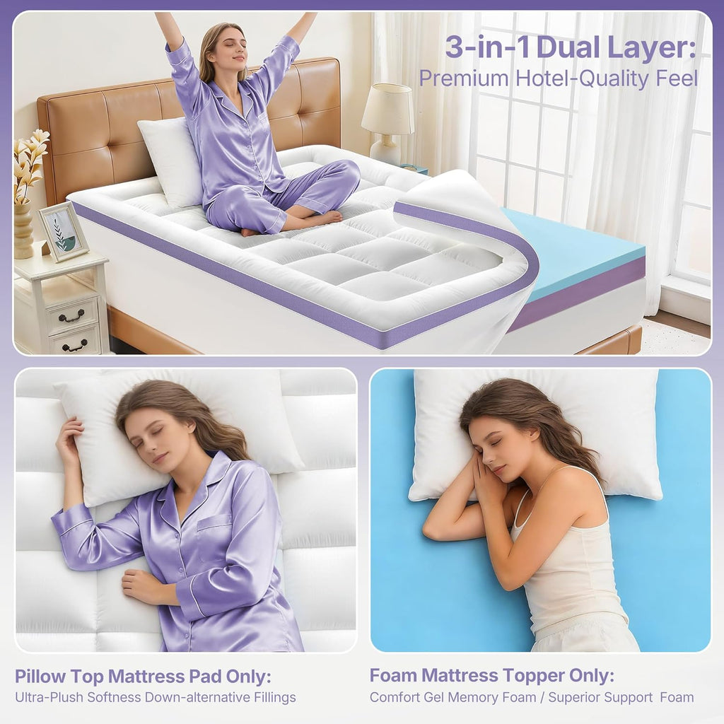 5 Inch Dual Layer Memory Foam Queen Mattress Topper - 2'' Pillow Top Mattress Pad for Back Pain and 2'' Support Foam & 1'' Cooling Gel Memory Foam, Extra Thick Medium Support Bed Topper