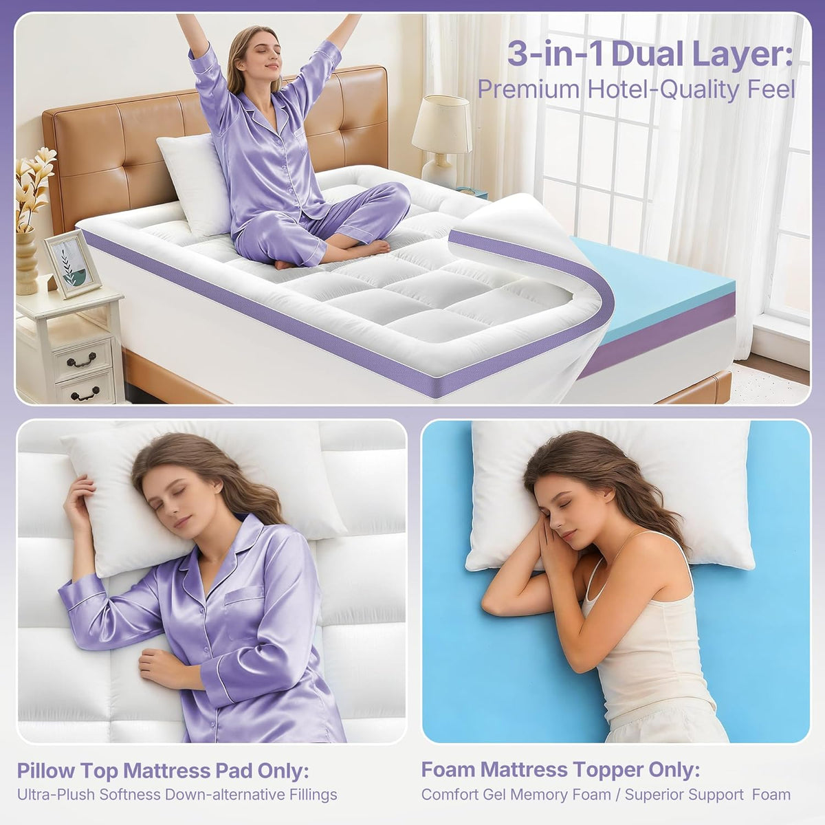 5 Inch Dual Layer Memory Foam Queen Mattress Topper - 2'' Pillow Top Mattress Pad for Back Pain and 2'' Support Foam & 1'' Cooling Gel Memory Foam, Extra Thick Medium Support Bed Topper