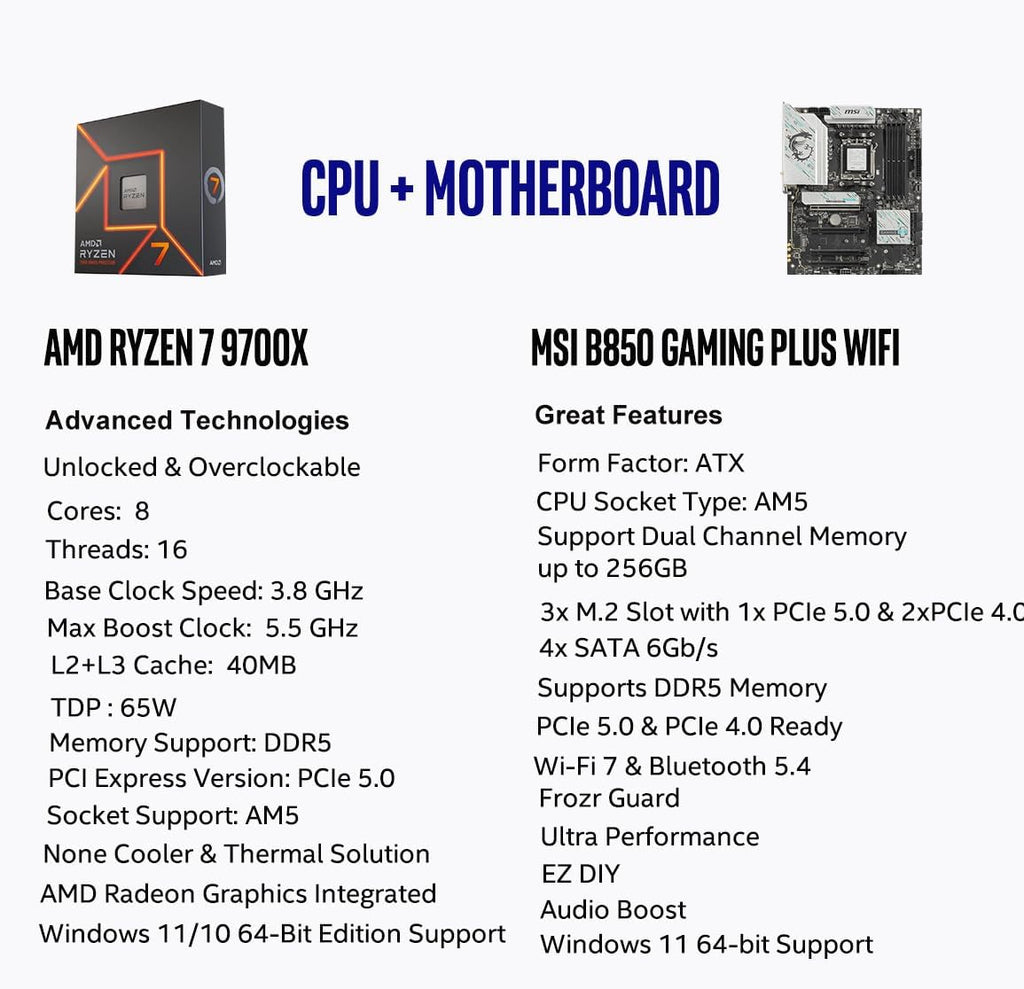 Micro Center AMD Ryzen 7 9700X CPU Processor with MSI B850 Gaming Plus WiFi Motherboard (ATX, AM5, DDR5, PCIe 5.0, M.2 Gen5, Wi-Fi 7, 5G LAN)