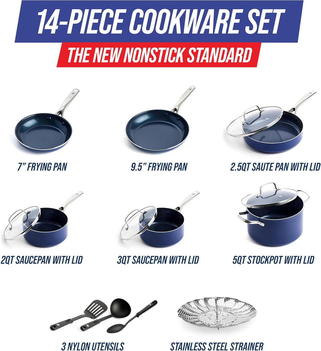 Blue Diamond 14 Piece Cookware Set, Diamond Infused PFAS & PFOA-Free Ceramic Nonstick Pots and Pans, Durable, Non Toxic, Metal Utensil Safe & Scratch Resistant, Dishwasher & Oven Safe, Blue
