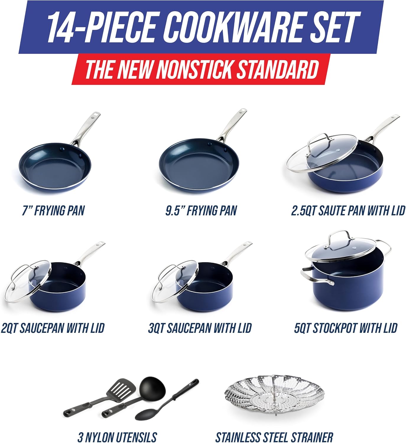 Blue Diamond 14 Piece Cookware Set, Diamond Infused PFAS & PFOA-Free Ceramic Nonstick Pots and Pans, Durable, Non Toxic, Metal Utensil Safe & Scratch Resistant, Dishwasher & Oven Safe, Blue