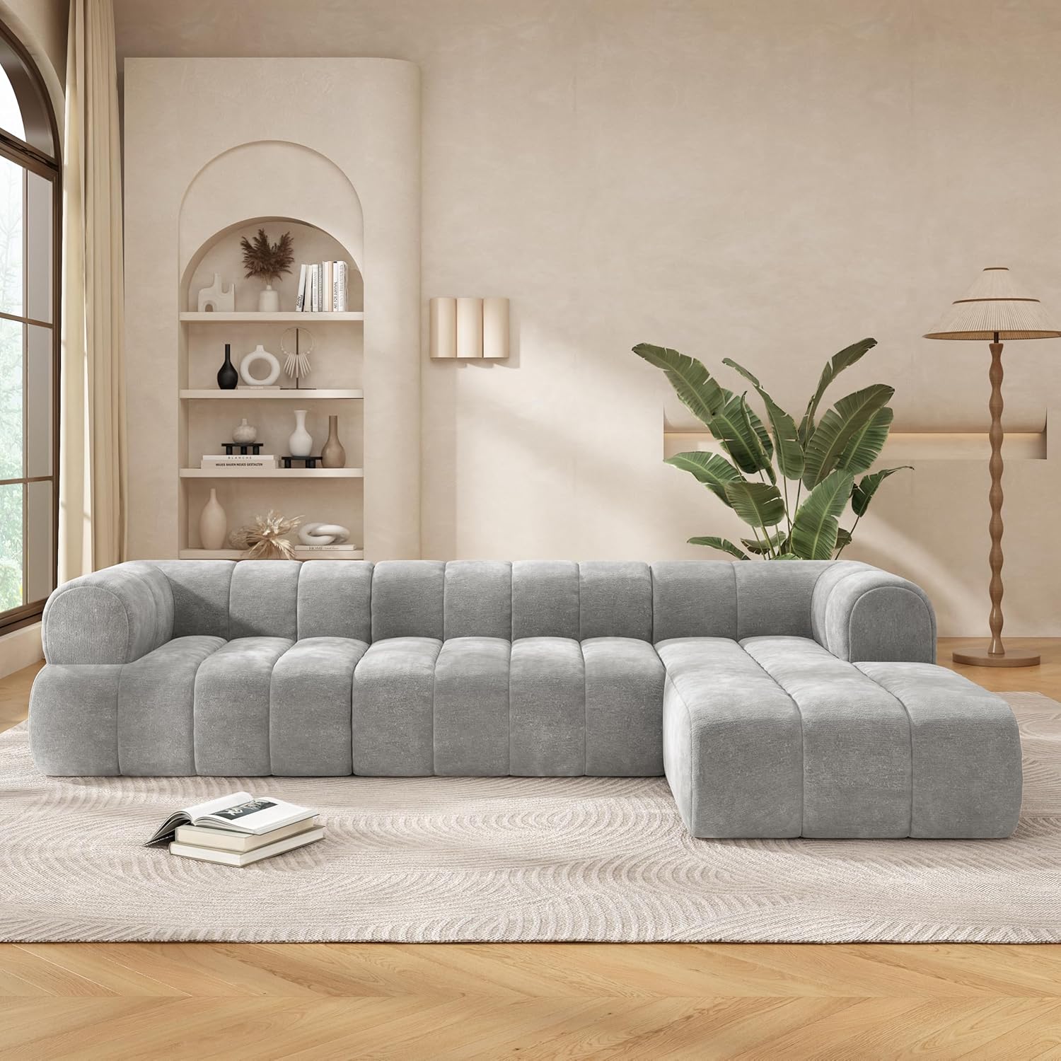 Christopher Knight Home Mania 122" Modular L-Shape Sofa Couch with Chaise Lounge, Modern Sectional Sofa Set for Living Room, Boucle Fabric Upholstered Cloud Couch with Deep Seat, Gray