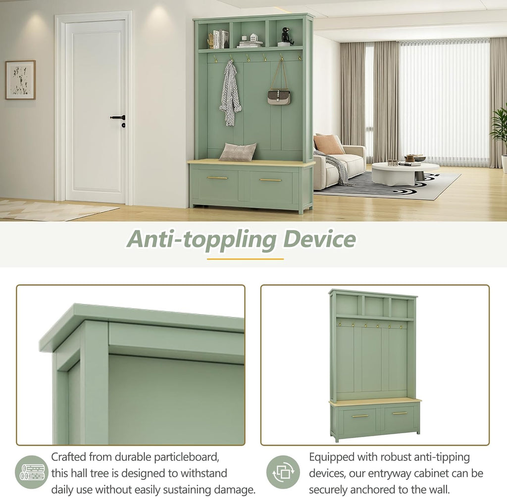LUMISOL Mudroom Coat Rack with 2 Drawers, Entryway Hall Tree with Storage Bench, Mint Green