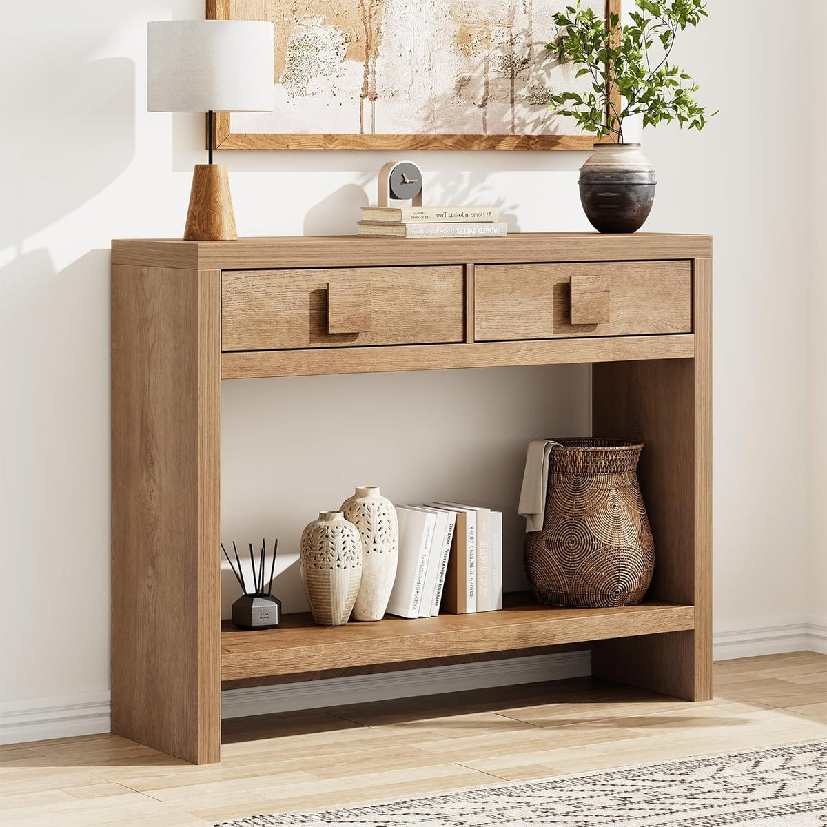 ONBRILL Console Table with Drawers, 40 Inch Narrow Entryway Table with Open Storage Shelves, Mid Century Modern Hallway Accent Tables Behind Couch Table for Living Room (Natural Oak)