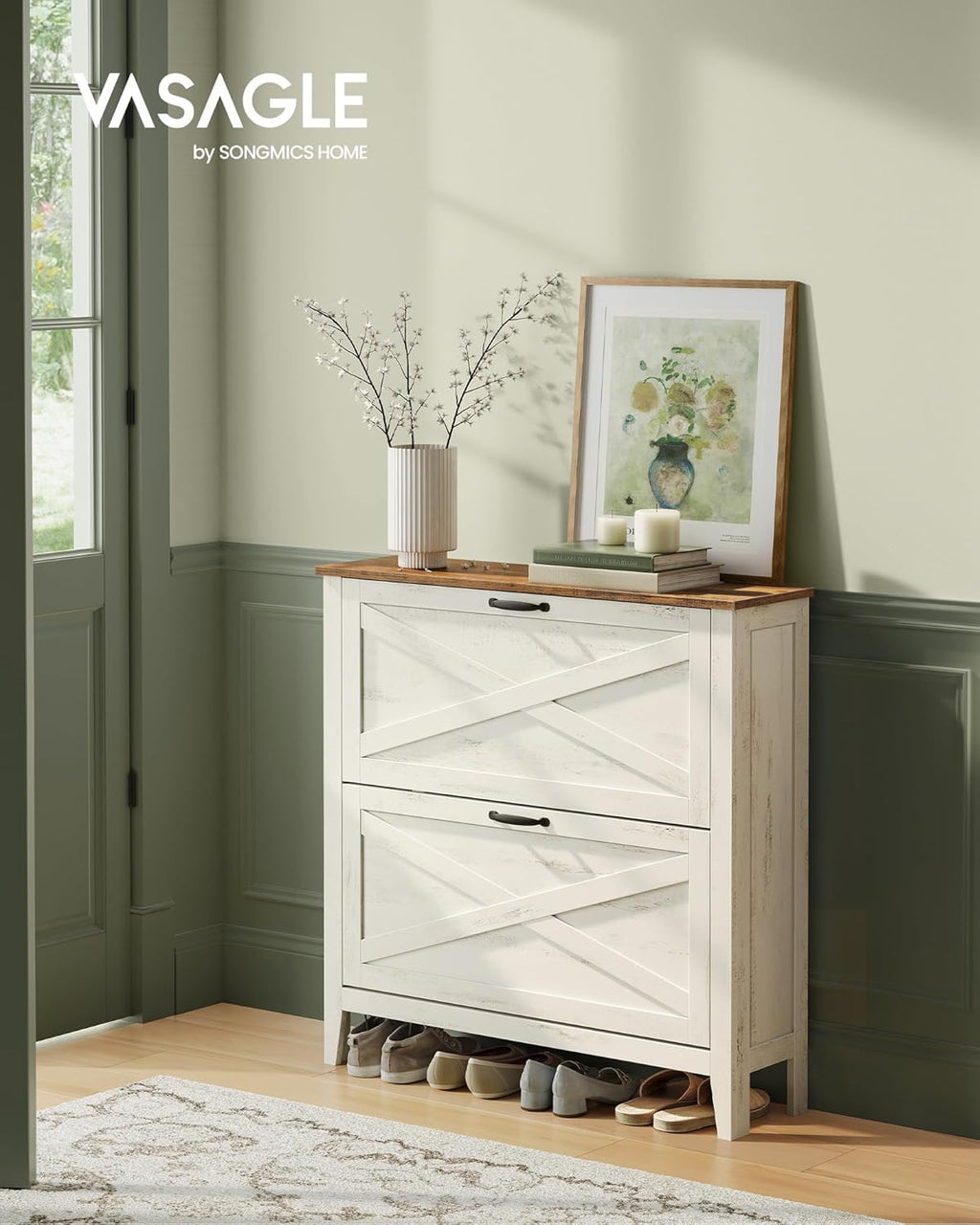 VASAGLE LIRY Collection - Shoe Storage Cabinet Organizer with 2 Flip Drawers, Freestanding Narrow Shoe Rack Cabinet for Entryway, Farmhouse Style, Fits 12 to 16 Pairs, Rustic White UHSC201W01