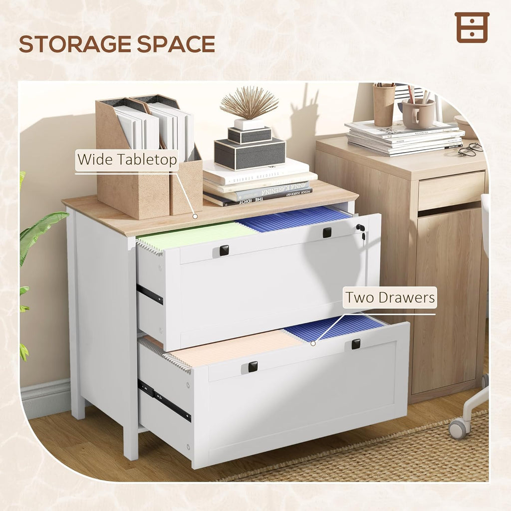 HOMCOM 2 Drawer File Cabinet with Lock, Lateral Filing Cabinet with Keys and Adjustable Hanging Bar for Letter, A4 and Legal Size for Home Office, White