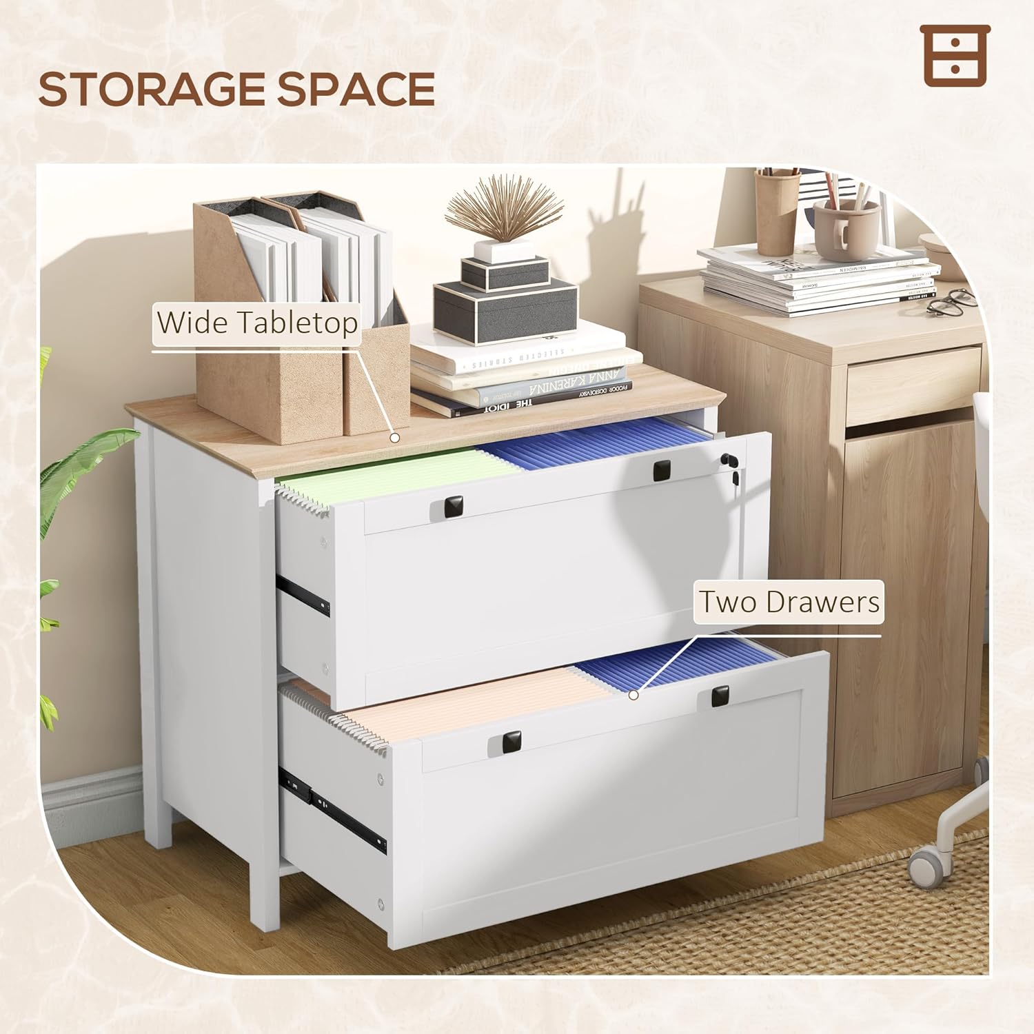 HOMCOM 2 Drawer File Cabinet with Lock, Lateral Filing Cabinet with Keys and Adjustable Hanging Bar for Letter, A4 and Legal Size for Home Office, White