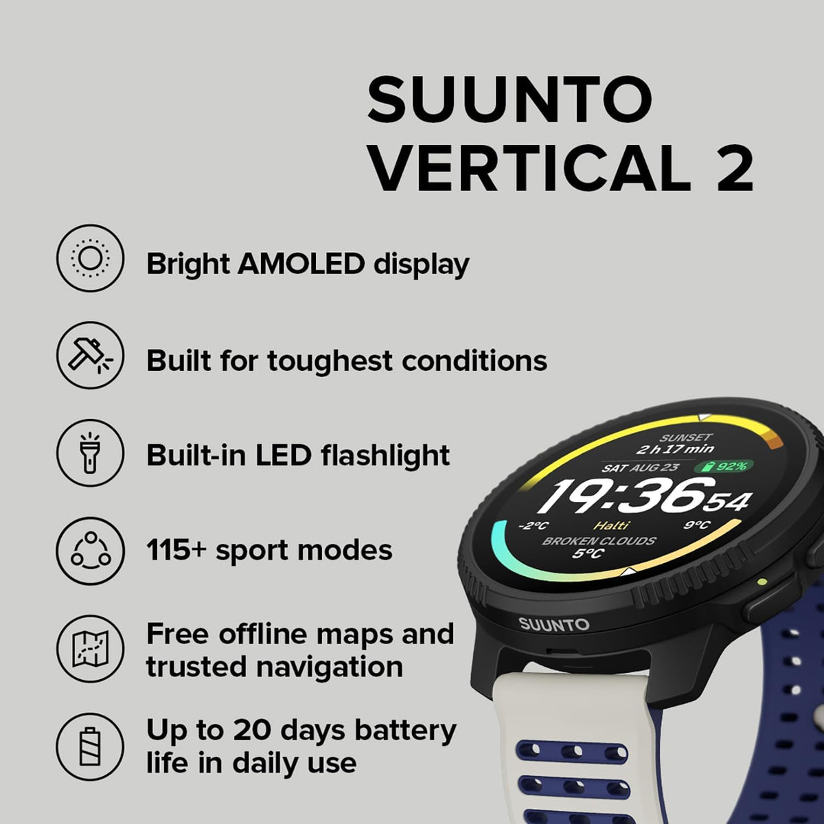 SUUNTO Vertical 2 GPS Sport Watch, Bright 1.5” AMOLED Touchscreen, LED Flashlight, 20-Day Battery Life, Offline Maps, Training Metrics & Recovery Insights, Dual-GNSS, 115+ Sport Modes, Arctic Gray