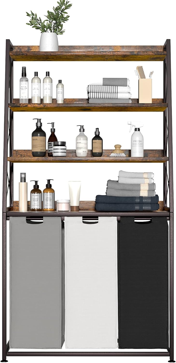 Herture Laundry Basket, 3 Section Laundry Hamper with 4 Tiers Shelf, Pull-Out and Removable Laundry Bags, Large 3 x 15.87 Gallons, for Laundry Room Bathroom Rustic Brown PF05XLN