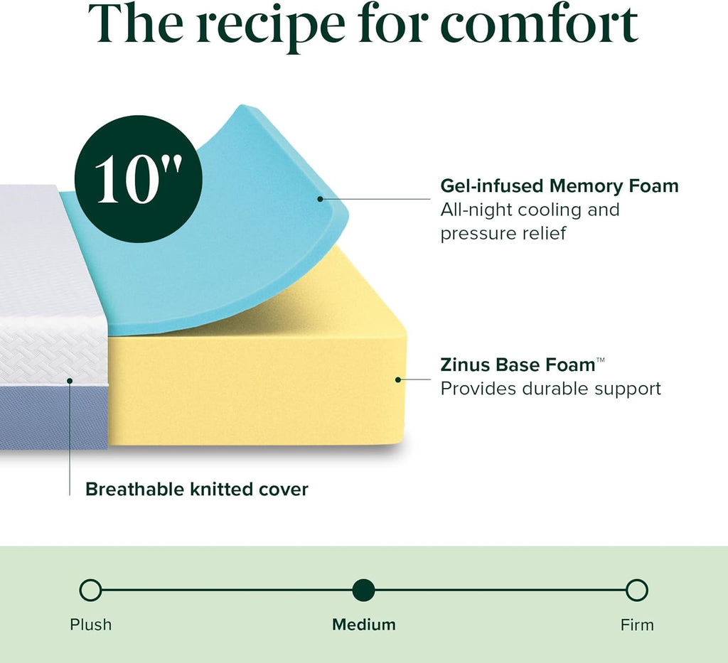 Zinus 10 Inch Queen Cooling Essential Memory Foam Mattress NewVersion, Fiberglass Free, Medium Feel, Breathable Cooling Layers, Certified Safe Materials