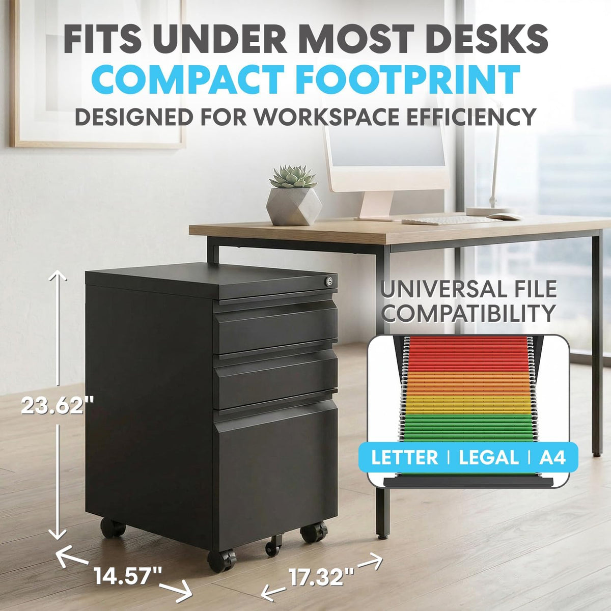 SIMPLI-Magic 3-Drawer Mobile File Cabinet with Lock - Under Desk Rolling Metal Filing Cabinet, Letter/Legal/A4, Fully Assembled, Home Office Organizer, Black