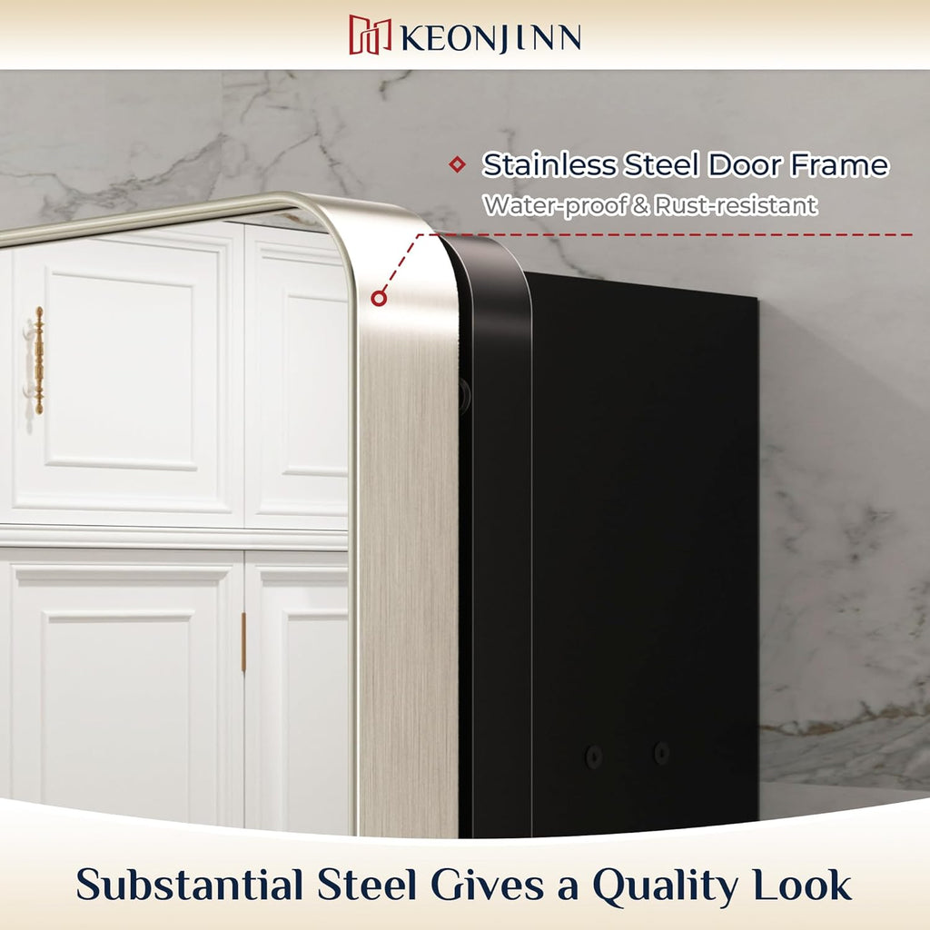 Keonjinn Brushed Nickel Medicine Cabinet for Bathroom, 16 x 24 Inch Medicine Cabinet with Mirror, Stainless Steel Framed, Stepless Adjustable Shelves, Recessed or Wall Mount, Sturdy, Rounded Rectangle