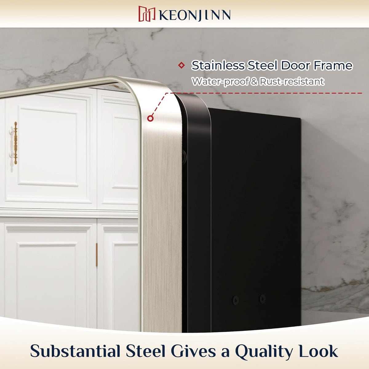 Keonjinn Brushed Nickel Medicine Cabinet for Bathroom, 16 x 24 Inch Medicine Cabinet with Mirror, Stainless Steel Framed, Stepless Adjustable Shelves, Recessed or Wall Mount, Sturdy, Rounded Rectangle