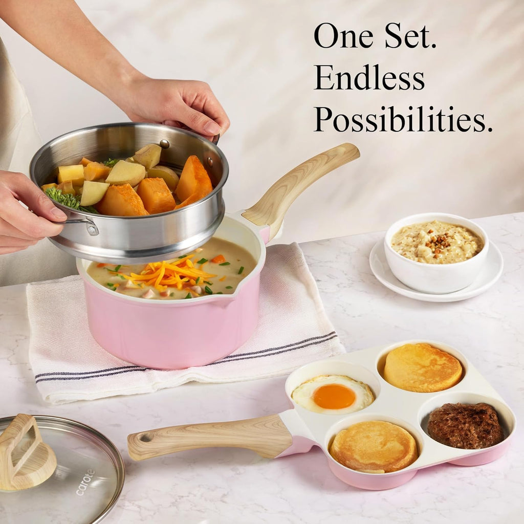 CAROTE 21 PCS Ceramic Cookware Set, Pots and Pans Set Non Stick, Pot and Pan Set with Frying pan, Induction Ready Cooking Set for Kitchen, PFOS/PFOA/PFAS Free, Pink