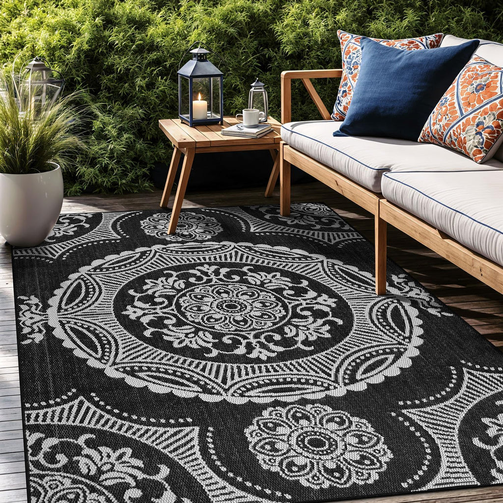 Luul Home Medallion Outdoor Rug 6x9 Washable Outside Carpet for Indoor Patio Porch Waterproof Easy Cleaning Non Shedding Area Rugs Black 6 x 9