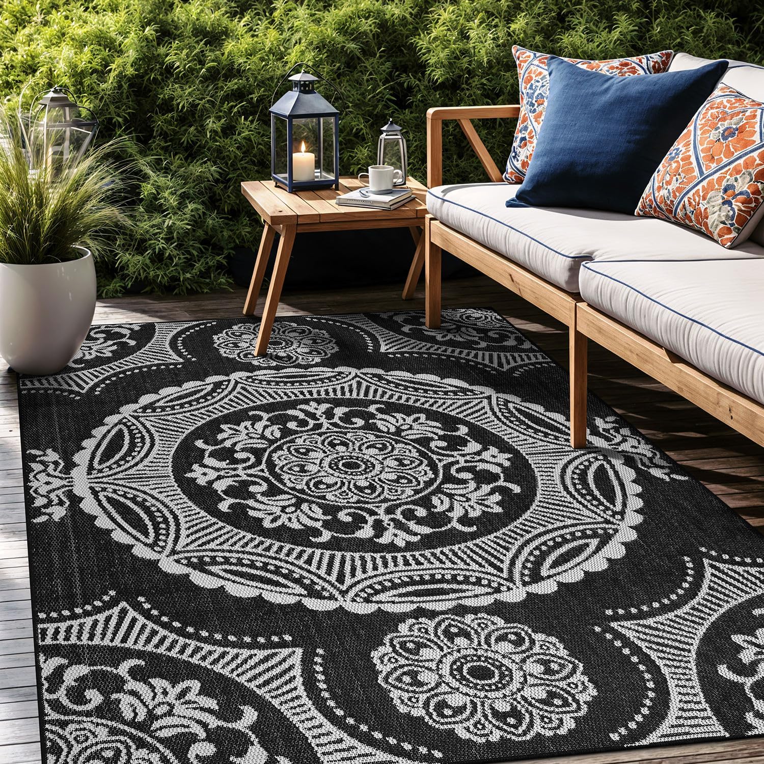 Luul Home Medallion Outdoor Rug 6x9 Washable Outside Carpet for Indoor Patio Porch Waterproof Easy Cleaning Non Shedding Area Rugs Black 6 x 9