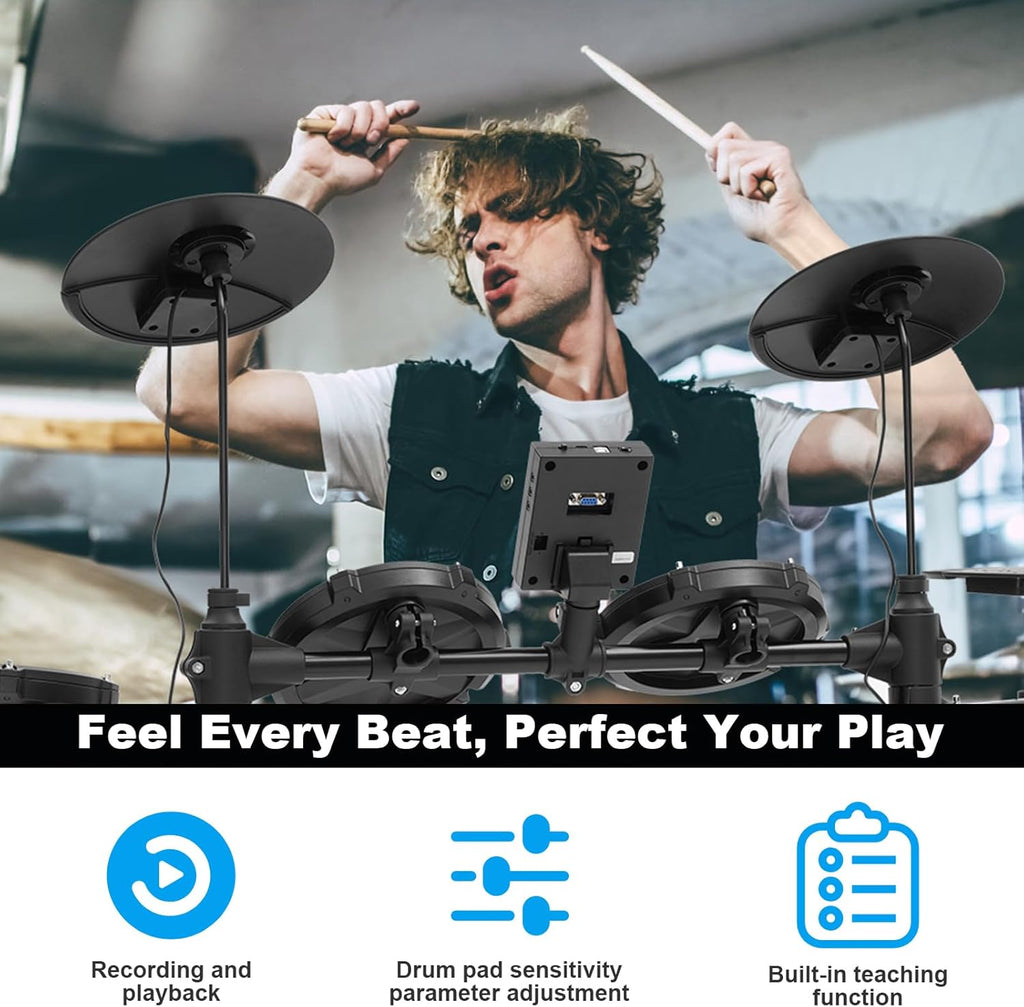 RVONE Electric Drum Set with Kick Hammer Pedal, Electronic Drum Kit for Kids Adult Beginner with 150 Sounds, 10" Cymbals, 4 Quiet Mesh Pads, all-in-one drum set with Throne, Headphones, Sticks