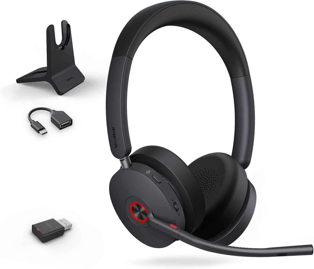 Yealink WH68 Hybrid DECT 6.0 & Bluetooth Wireless Headset with Charging Stand, Enterprise Grade ANC Office Headphones, 492ft Range, 6-Mic Noise Cancelling for Teams, Zoom, UC, PC/Smartphone, 32H Call