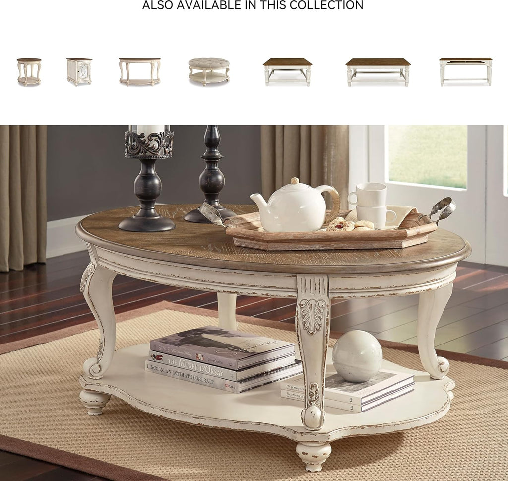 Signature Design by Ashley Realyn Round End Table, Cottage-Style Side Table with Antiqued Two-Tone Finish, Wood & Veneer Construction for Living Room or Bedroom, White/Brown