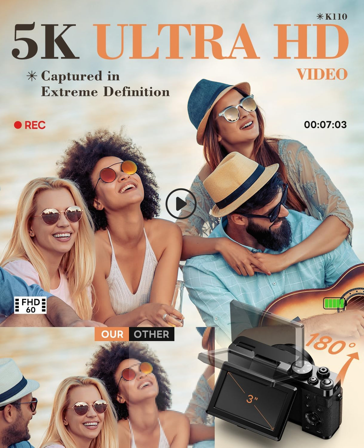 64MP Digital Cameras for Photography 5K - 18X Zoom Autofocus, 3” 180° Screen Flips, Anti-Shake, 32GB Card & 2 Batteries, Vlogging Camera for Travel YouTube NBDDIGITAL (Black)