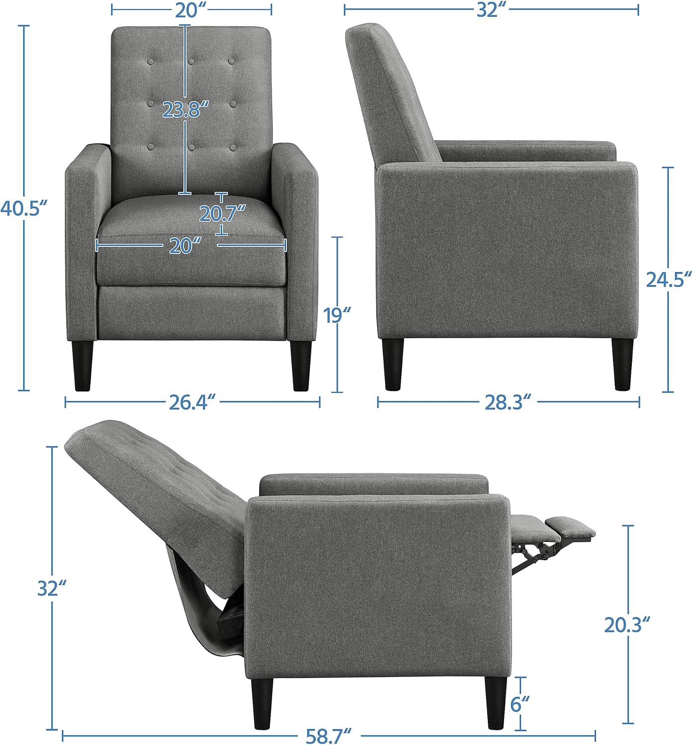 Yaheetech Fabric Recliner Chair Mid-Century Modern Recliner Adjustable Single Recliner Sofa with Thicker Seat Cushion Tufted Upholstered Sofa with Pocket Spring for Living Room Bedroom Gray Set of 2