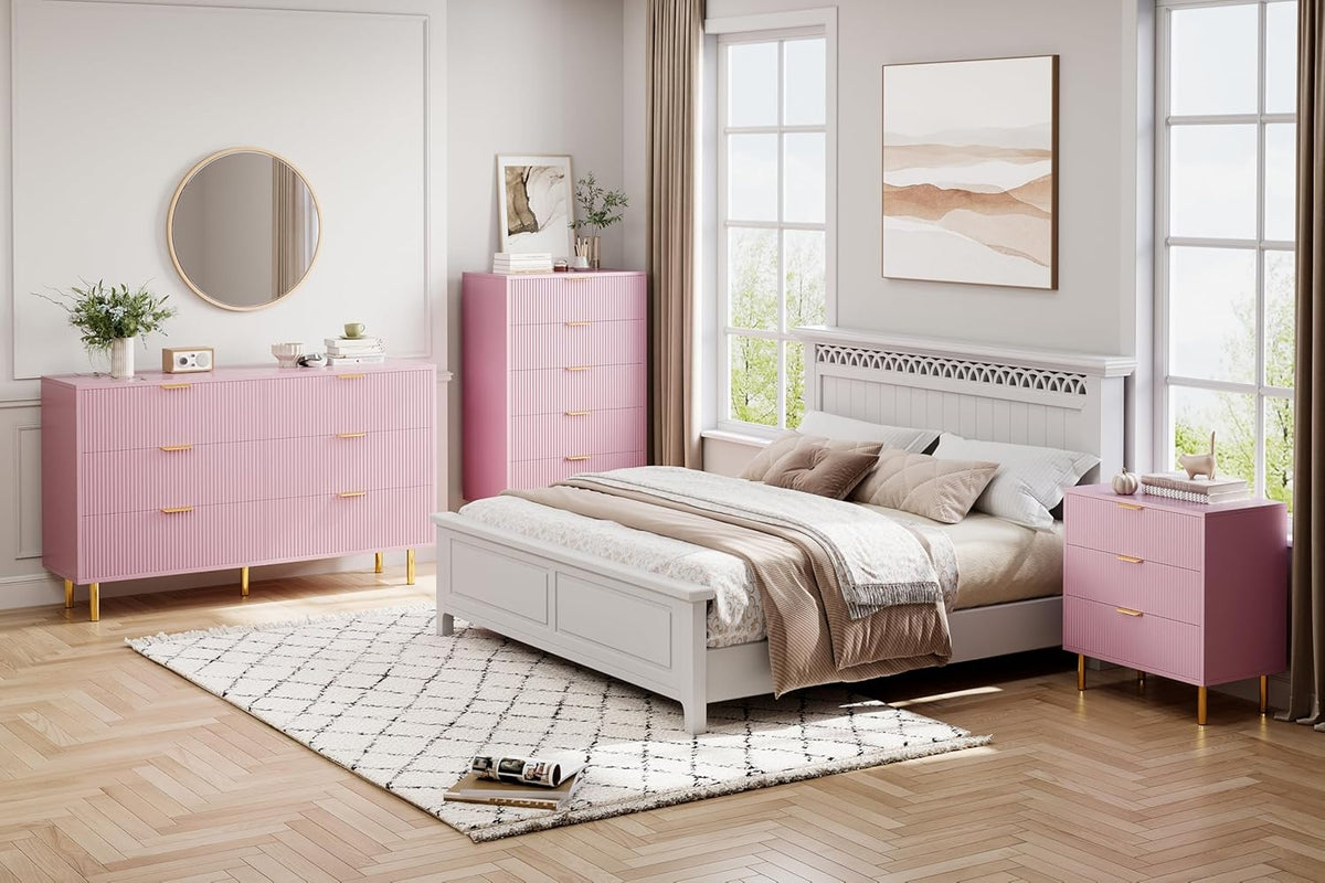 IDEALHOUSE Pink Dresser, Modern 3 Drawer Dresser for Bedroom with Gold Handle and Large Drawer, Wood Double Chest of Drawers and Storage Organizer for Living Room, Hallway, Entryway