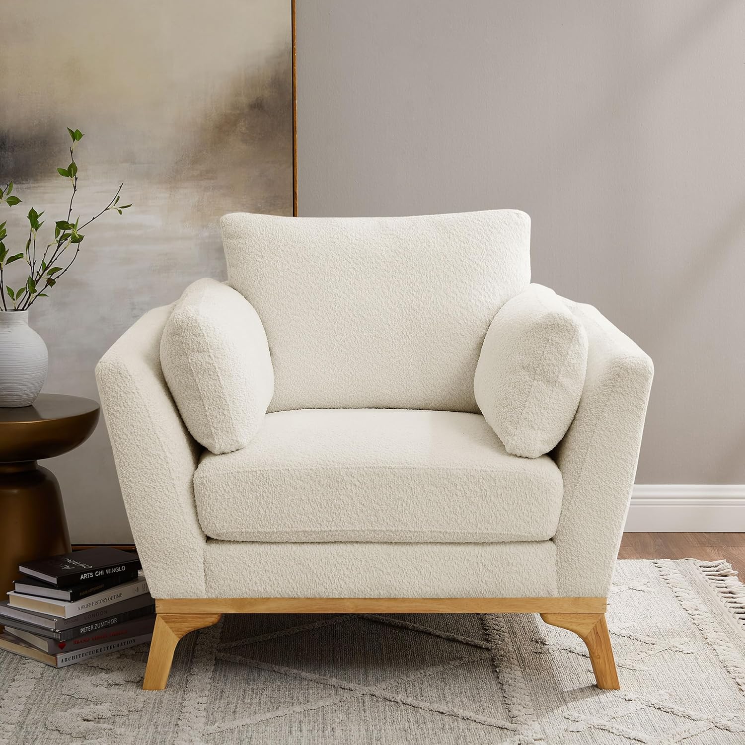 VANOMi Large-Sized Accent Chair, Thick Cushion Bedroom Reading Chair, Comfortable Living Room Single Sofa, Boucle Milky White