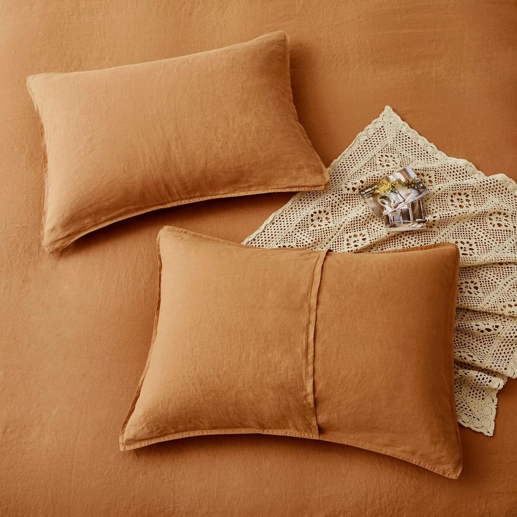 ATLINIA 100% Flax Linen Duvet Cover Set - Stone Washed Pure French Linen Organic Fabric for Farmhouse Comforter Boho Bedding Included 1 Duvet Cover 2 Pillow Shams(Rust, Queen)