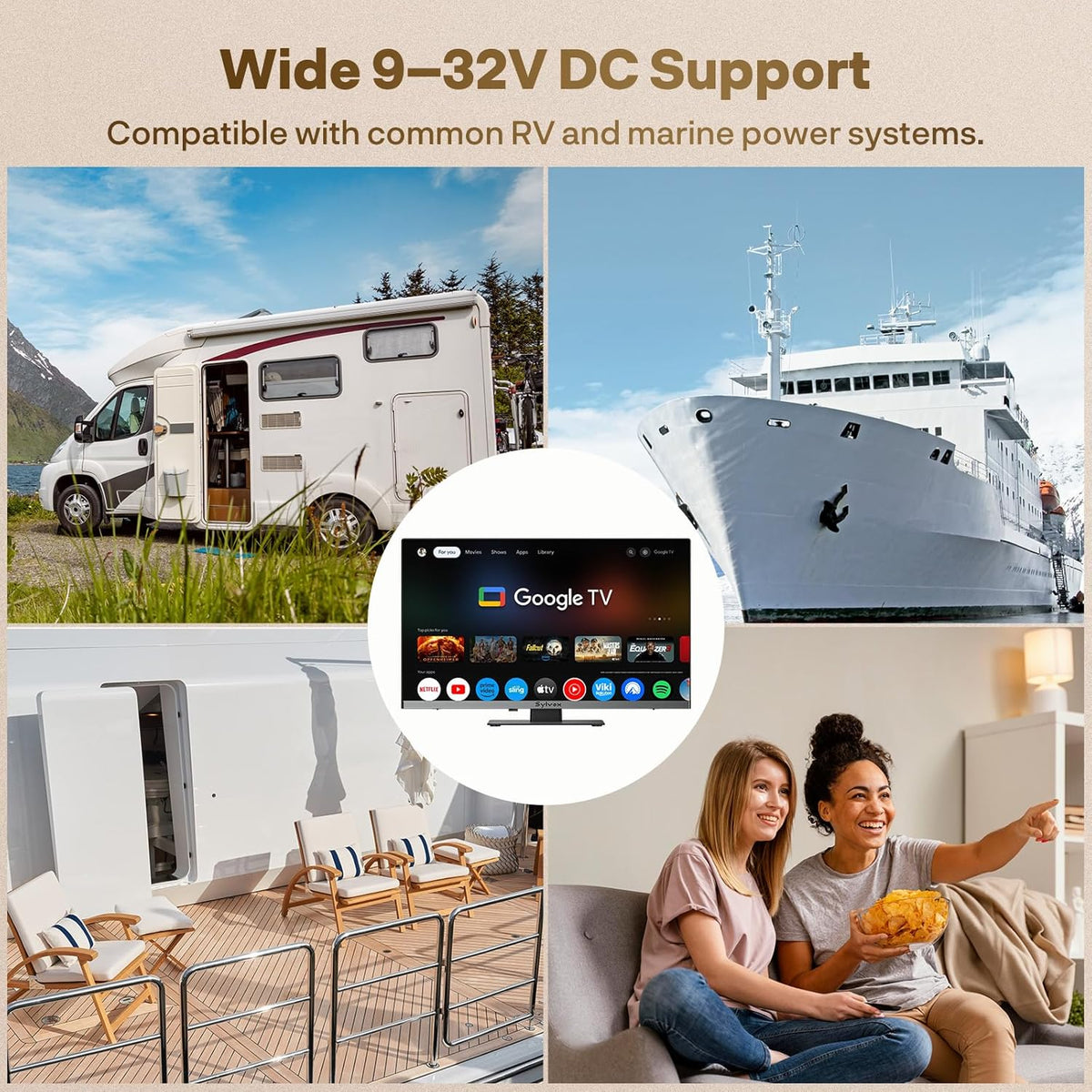 SYLVOX RV TV, 12V QLED TV with DVD Player Built-in, 24 Inch Smart Television for Camper, 12 Volt DC Power Low Energy Consumption, HD 1080P, Bezel Less Design