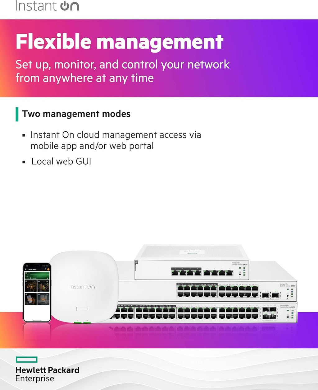 HPE Networking Instant On Switch Series 1830 48-Port Gb Smart-Managed Layer 2 Ethernet Switch with PoE | 48x 1G | 4X SFP | 24x CL4 PoE (370W) | Fan-Less | US Cord (JL815A#ABA)