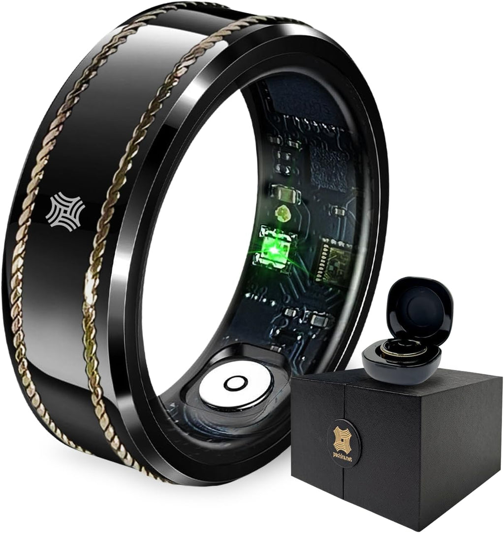 Pachira Smart Ring, Dual 14K Gold Inlays, Fitness/Sleep/Stress/Heart Rate/ SpO2 Tracker, No App Subscription, 7-Day Battery Life, Size Before You Buy, Black (US Size 7.25)