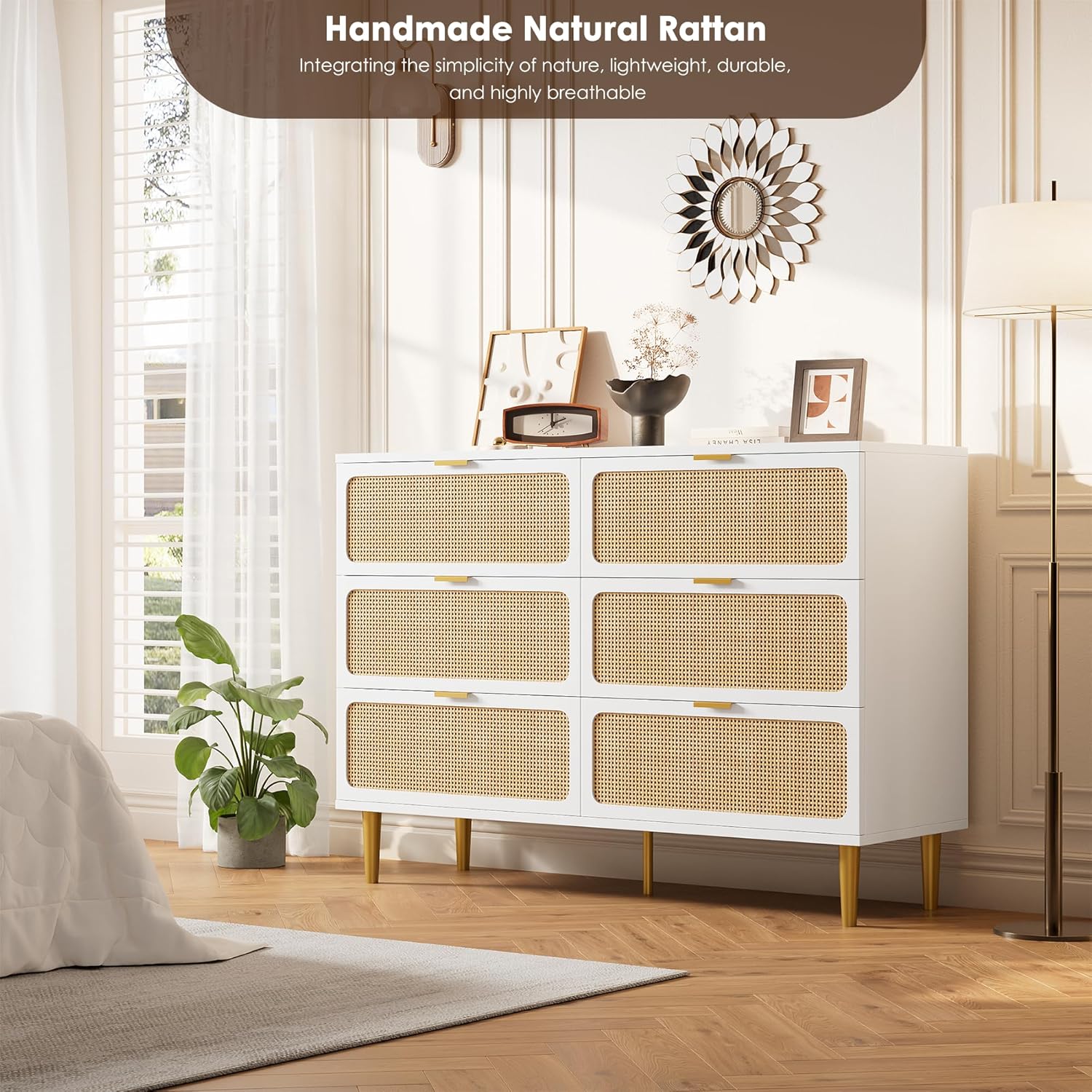 GarveeHome Rattan 6 Drawer Dressers for Bedroom, Large Double Dresser with Deep Drawers, Chest of Drawers for Closet with Wide Top, Long Wooden Dresser for Living Room, Hallway, Kids Room, White
