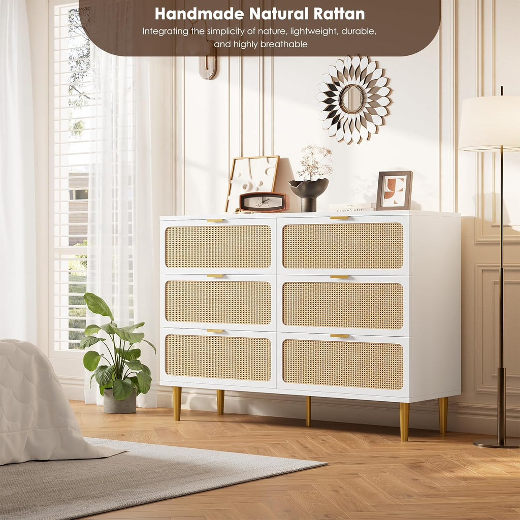 GarveeHome Rattan 6 Drawer Dressers for Bedroom, Large Double Dresser with Deep Drawers, Chest of Drawers for Closet with Wide Top, Long Wooden Dresser for Living Room, Hallway, Kids Room, White