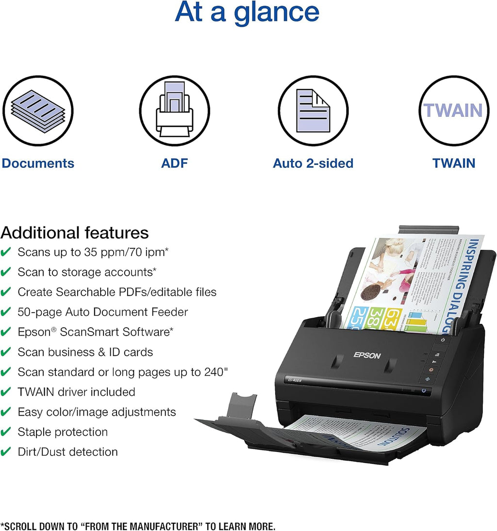 Epson Workforce ES-400 II Color Duplex Desktop Document Scanner for PC and Mac with Auto Doc Feeder (ADF), Image Adjustment Tools