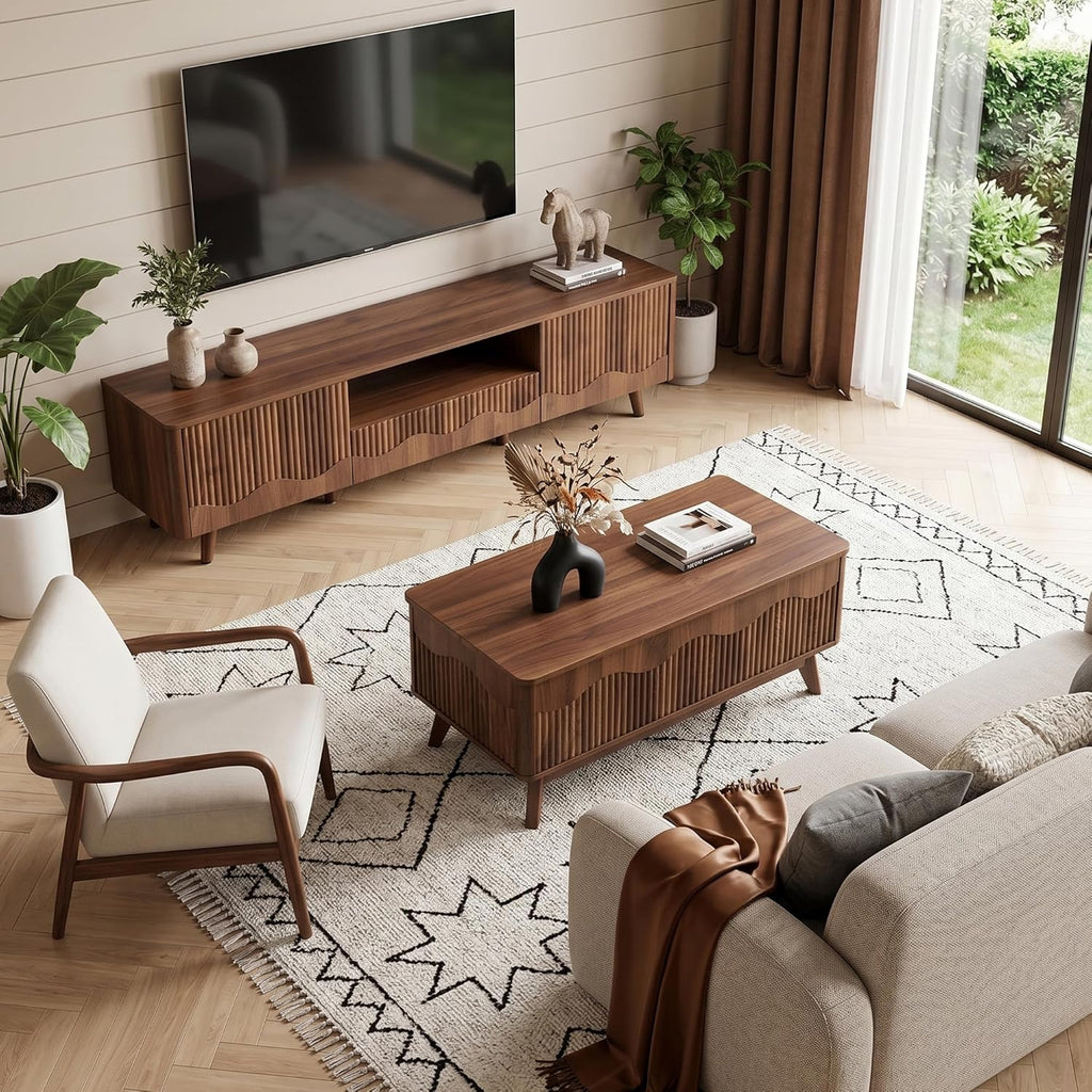 BERRYMERRY Fluted Wave TV Stand and Coffee Table Set of 2, Mid Century Modern Lift Top Coffee Table and Entertainment Center for Living Room (Walnut)