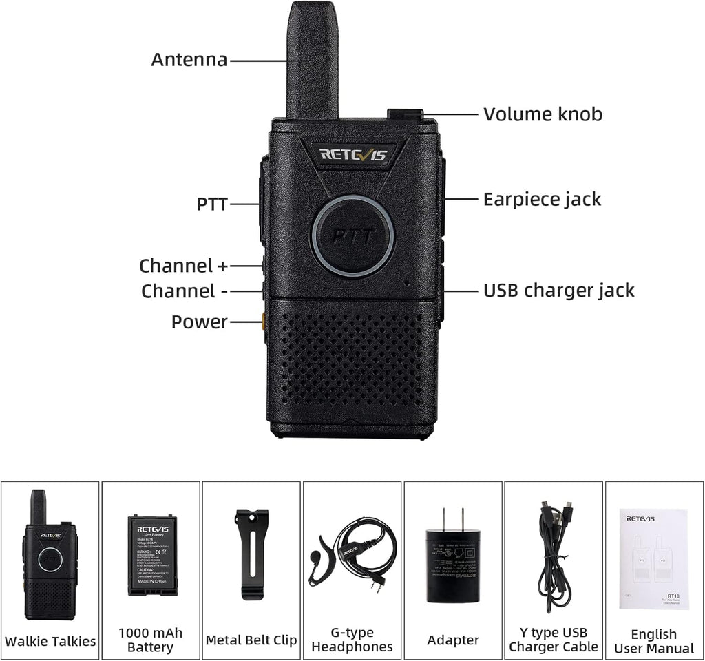 Retevis RT18 Walkie Talkies with Earpiece,2 Way Radios Long Range,Dual PTT,Short Antenna,Center Led, Compact, Rechargeable Two Way Radio for Adults Healthcare School Automotive Restaurant (10 Pack)