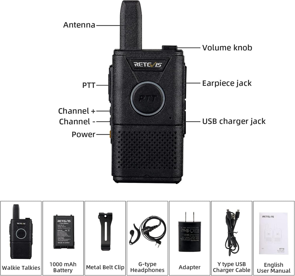 Retevis RT18 Walkie Talkies with Earpiece,2 Way Radios Long Range,Dual PTT,Short Antenna,Center Led, Compact, Rechargeable Two Way Radio for Adults Healthcare School Automotive Restaurant (10 Pack)