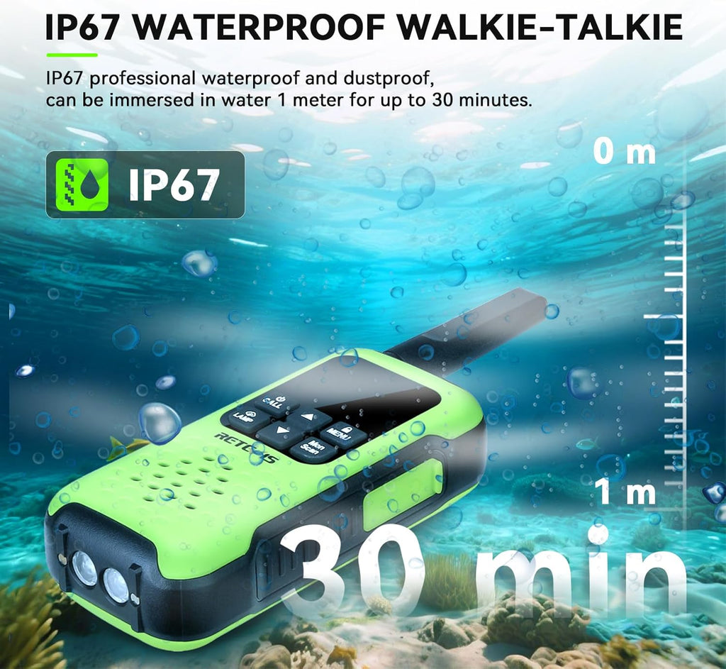 Retevis RT49P Waterproof Two Way Radio, IP67 Waterproof Floating Walkie Talkies, Rechargeable Walkie Talkies for Adults, VOX, NOAA, Flashlight, SOS, for Kayaking, Camping, Skiing 4 Pcs Green