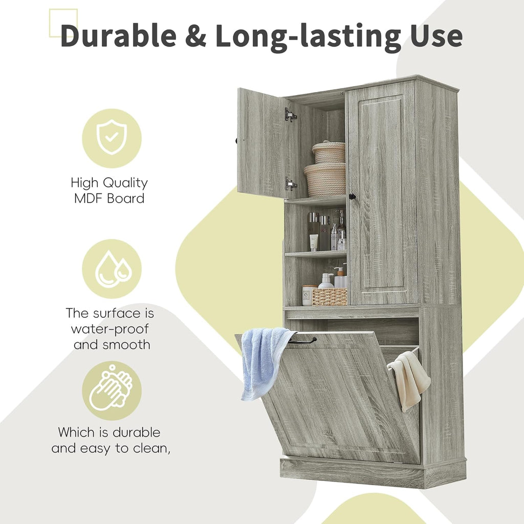 LUMISOL 68" Tall Tilt Out Laundry Hamper, Wood Laundry Cabinet with Hidden Hamper Basket, Freestanding Storage Cabinet with 2 Doors, Adjustable Shelf for Bathroom, Living Room, Kitchen, Oak