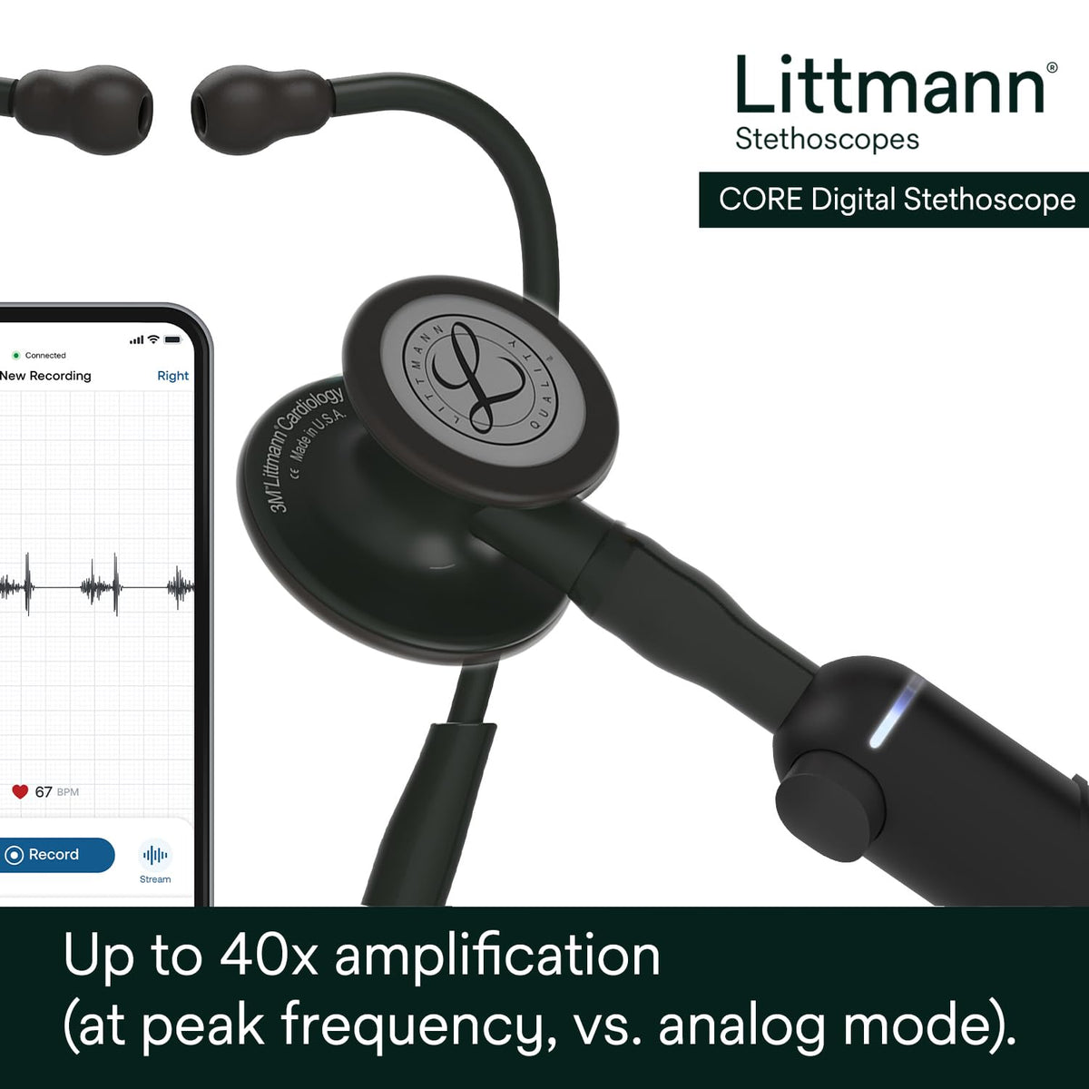 3M Littmann CORE Digital Stethoscope, Our Most Advanced Stethoscope Yet, Up To 40x Amplification, Active Noise Cancellation, In-App Sound Wave Visualization, Black-Finish Chestpiece, 8480