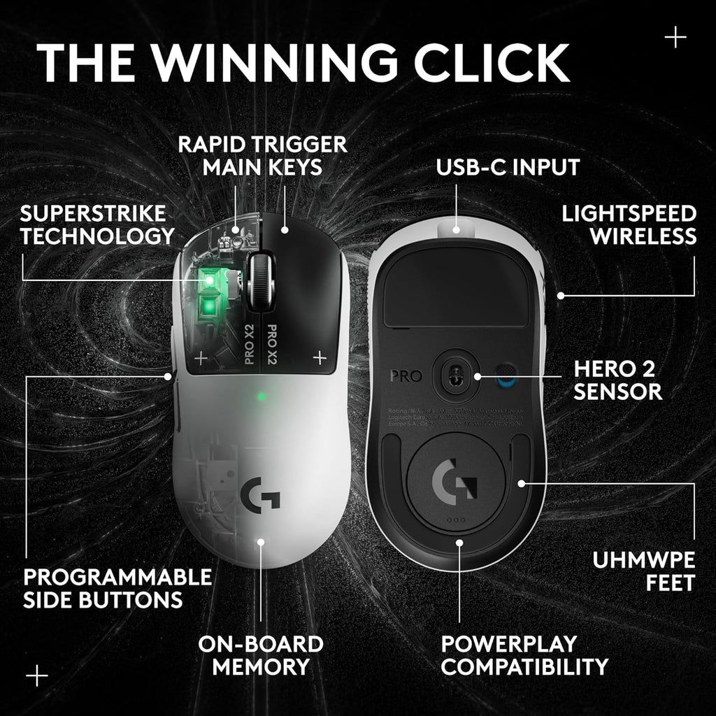 Logitech G PRO X2 SUPERSTRIKE Wireless Gaming Mouse: Customizable Rapid Trigger Magnetic Analog Switches, Adjustable Click Haptics, 61g Ultra Lightweight, USB-C,